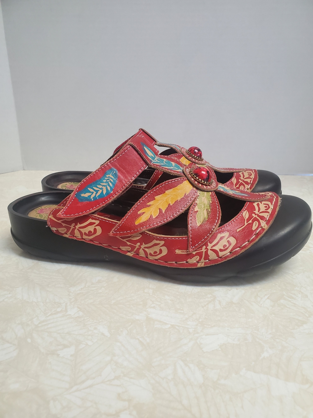 Corkys Red Floral Embellished Leather Slide Mules